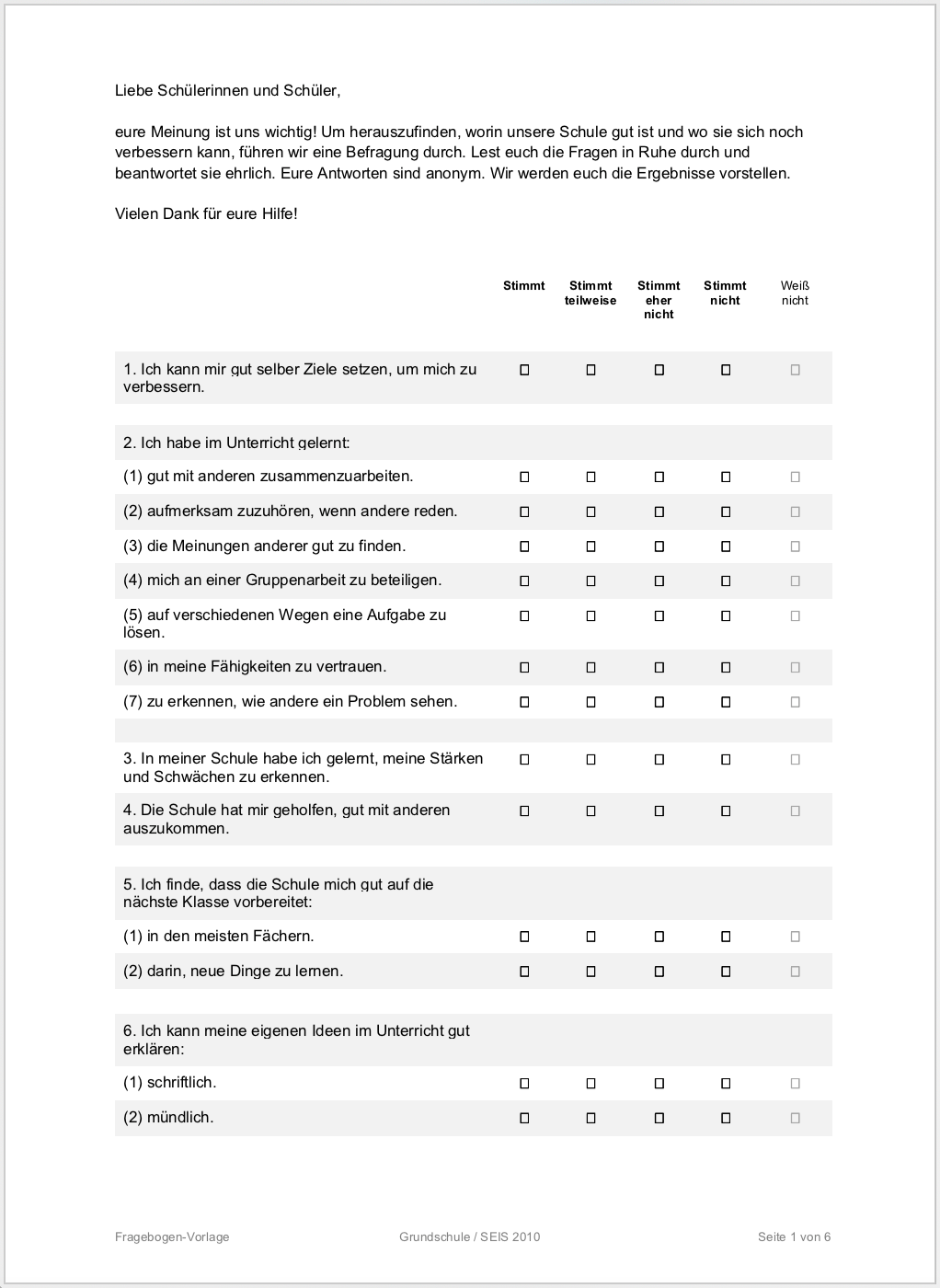 Fragebogen Vorlage Grundschule Fragebogen Vorlage